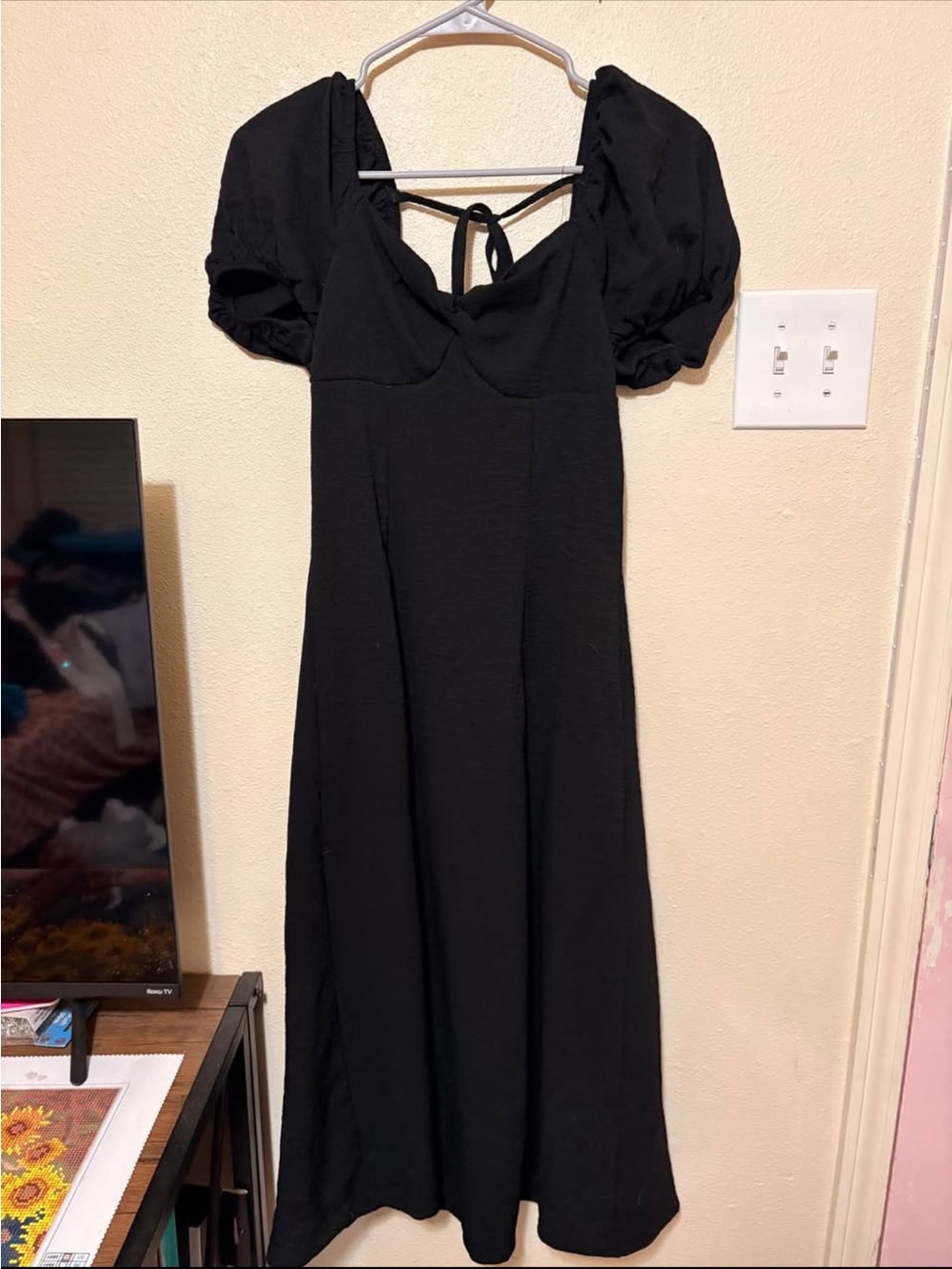 Black Puff-Sleeve Midi Dress with Tie Back